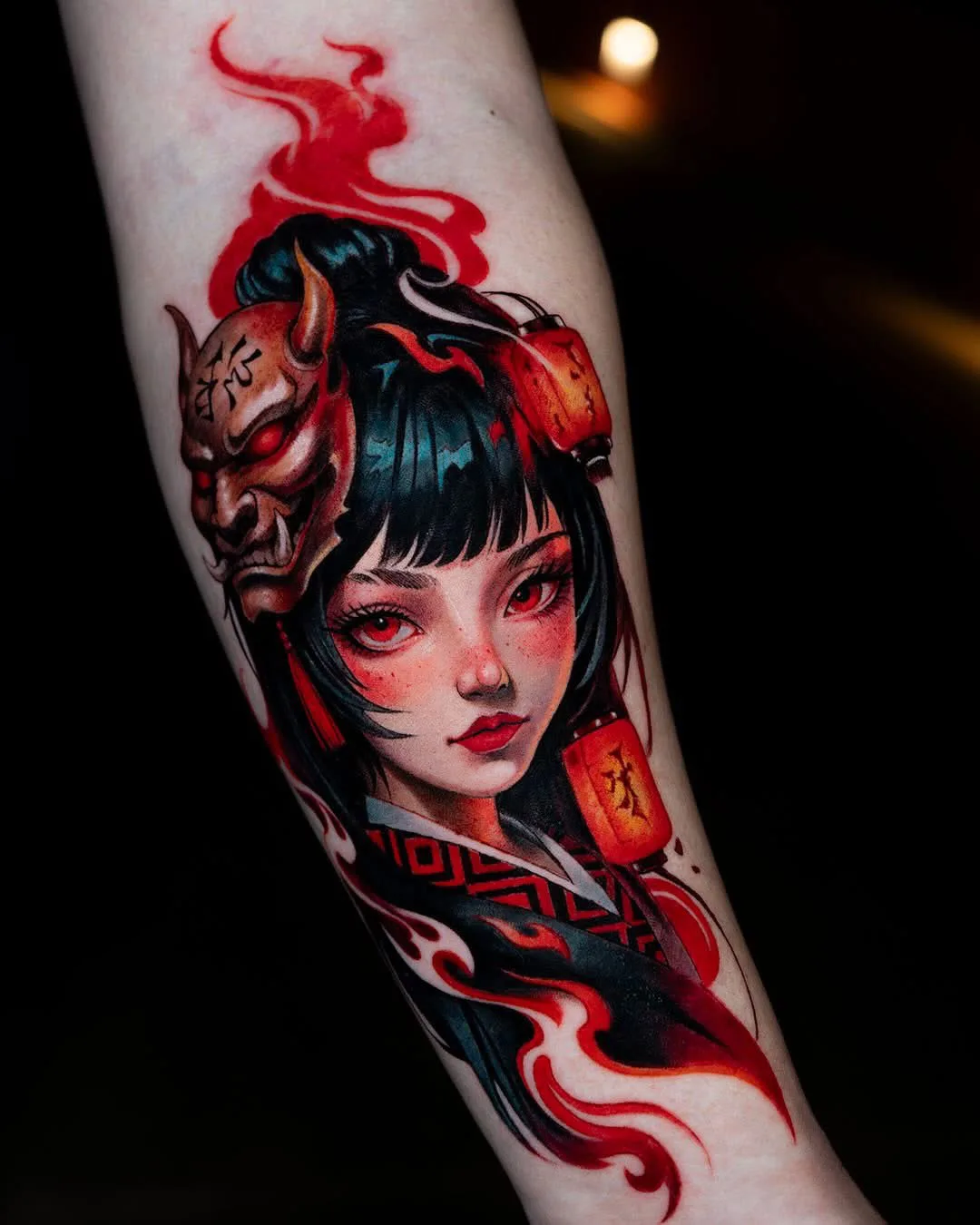 Colour woman portrait with oni mask forearm neo-traditional tattoo Bangkok