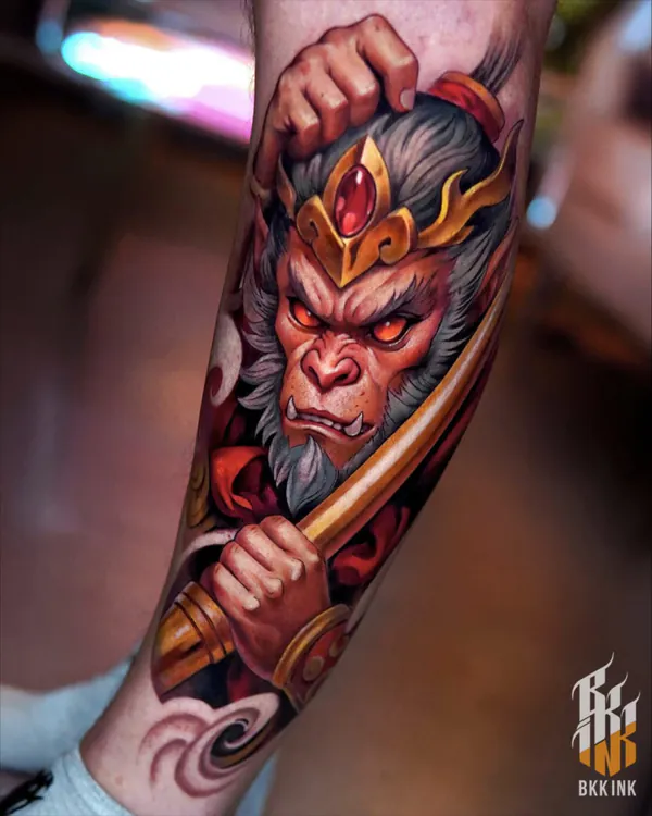 Colour monkey king warrior with sword forearm neo-traditional tattoo Bangkok