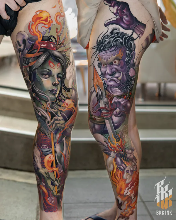 Colour geisha and oni demon full leg sleeve neo-traditional tattoo Bangkok