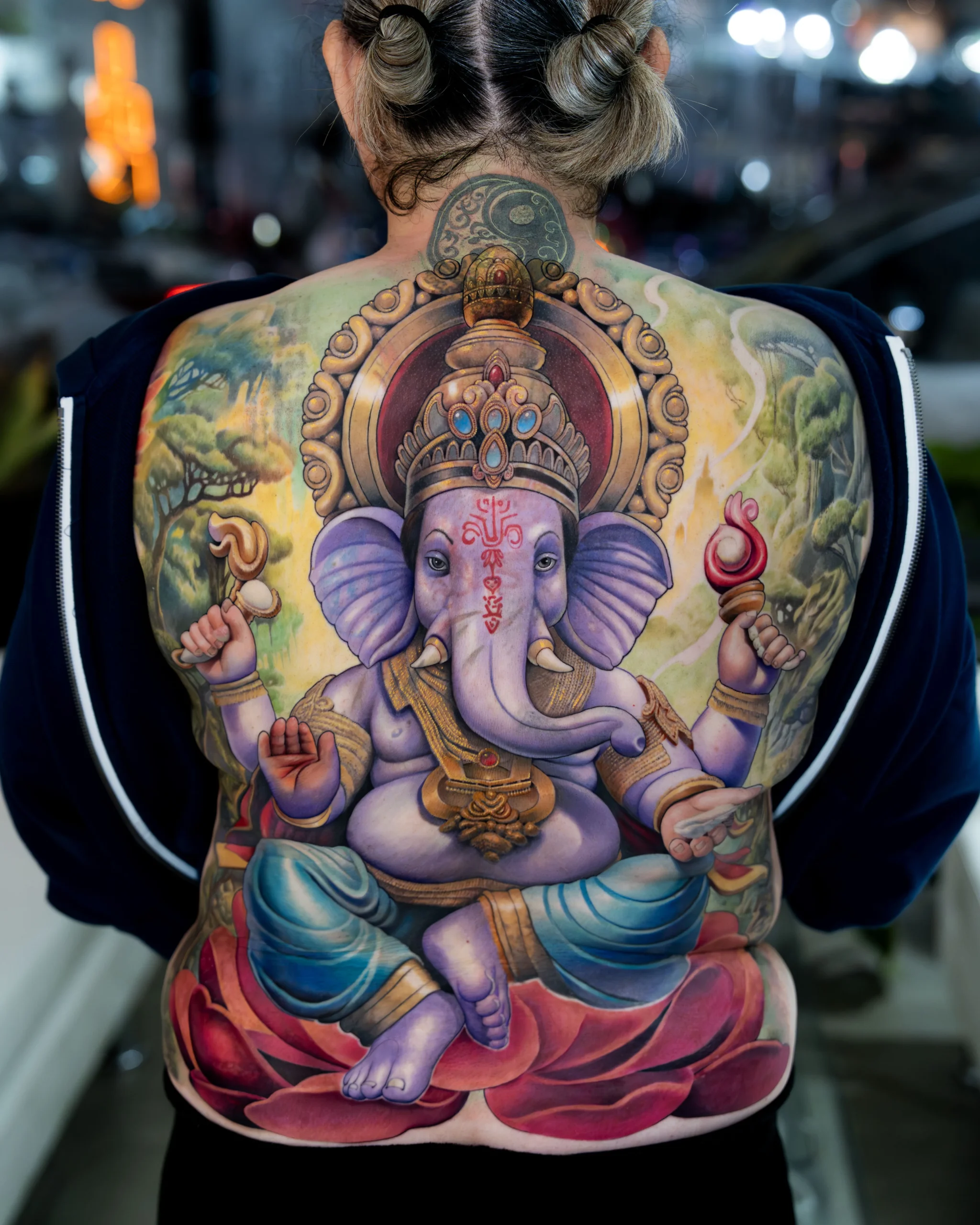 Colour Ganesha deity full back piece neo-traditional tattoo Bangkok