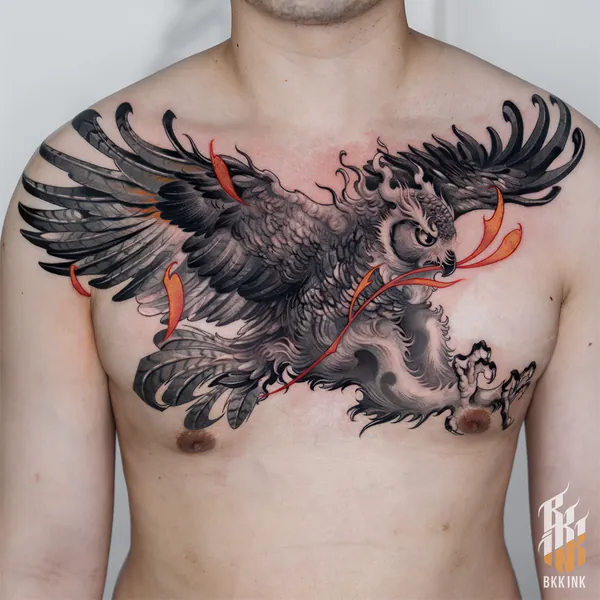 Black and grey owl in flight chest piece neo-traditional tattoo Bangkok