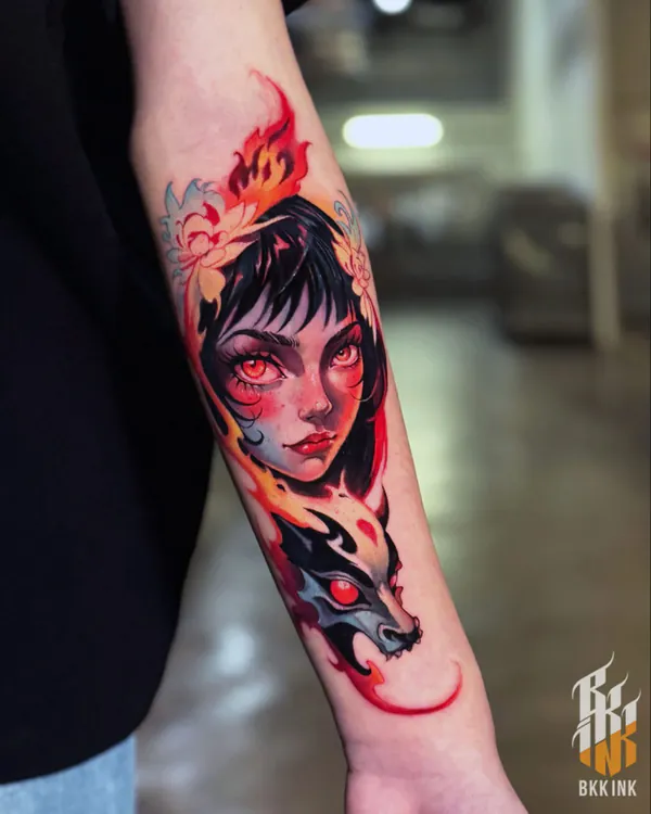 Colour woman portrait with wolf head forearm neo-traditional tattoo Bangkok