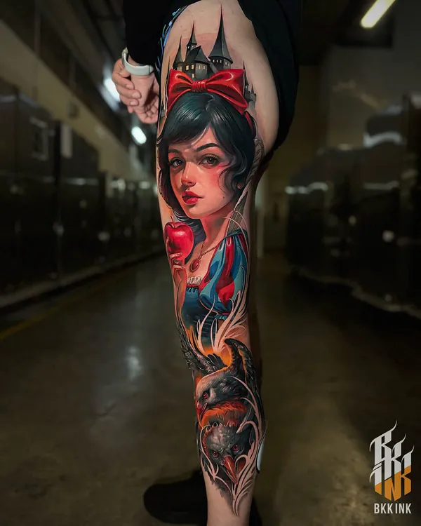 Colour Snow White portrait with ravens leg sleeve neo-traditional tattoo Bangkok