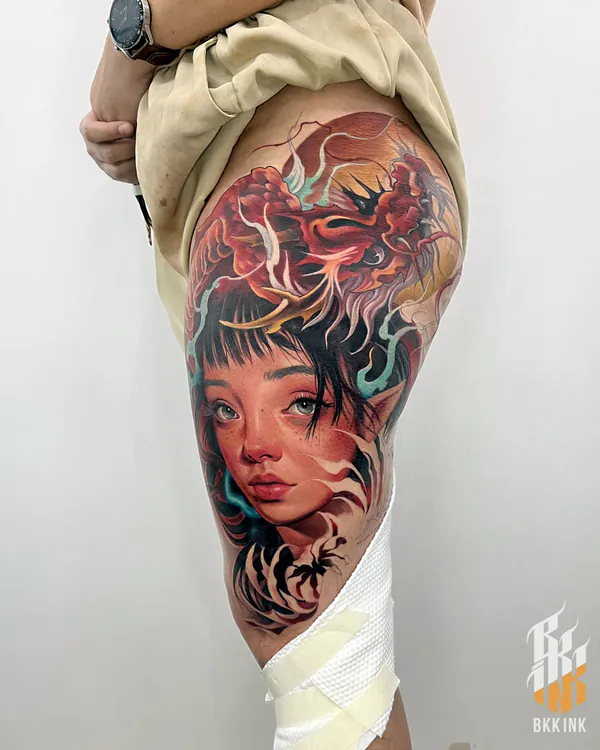 Colour fantasy woman portrait with dragon thigh neo-traditional tattoo Bangkok