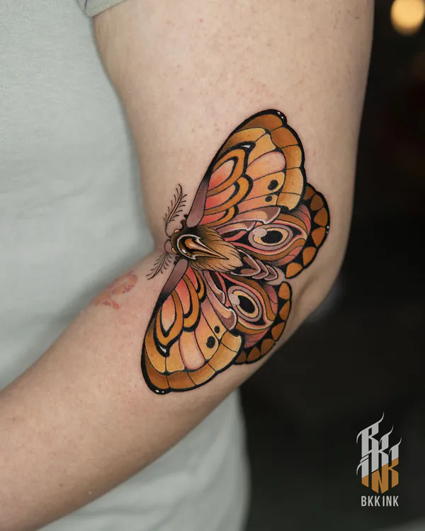 Colour moth with eye markings elbow neo-traditional tattoo Bangkok