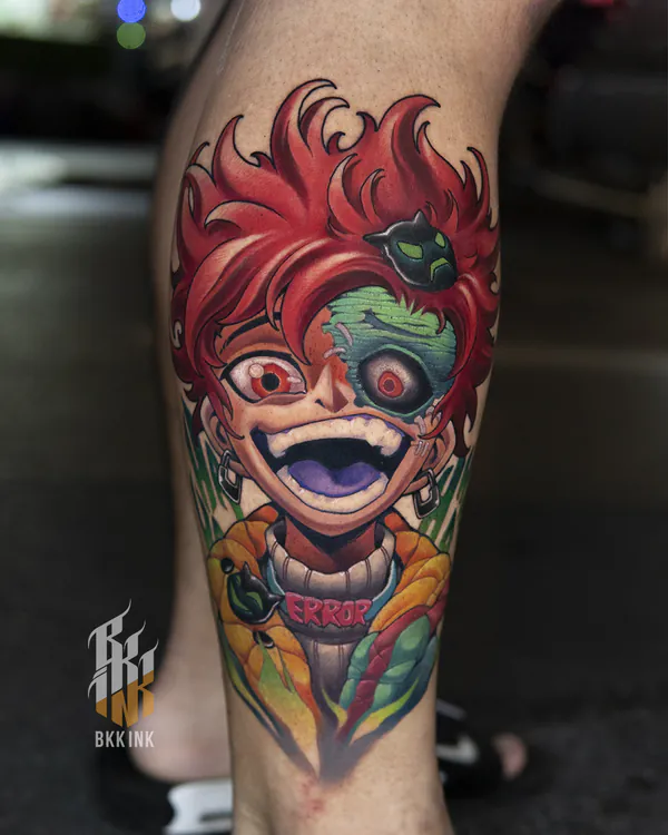 Split-face zombie character calf new school tattoo Bangkok