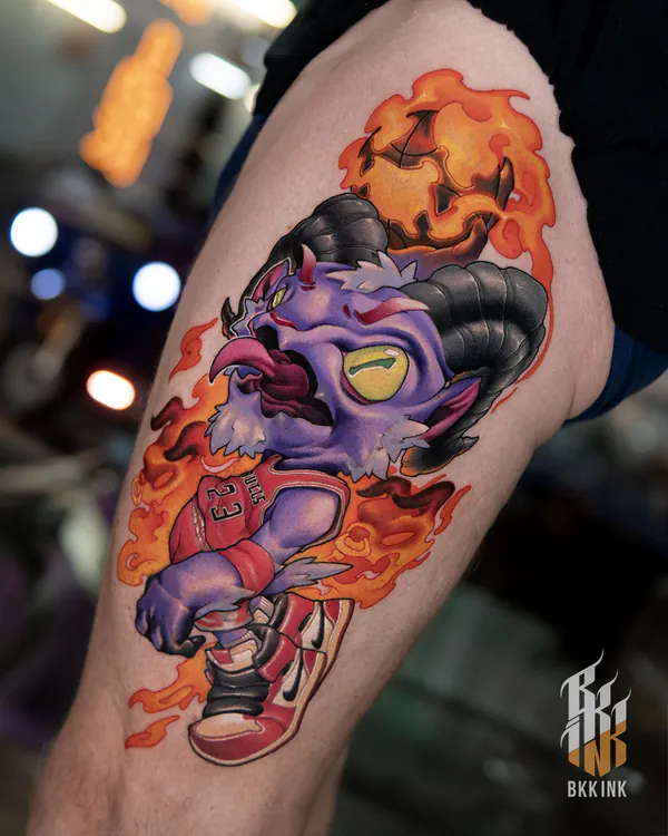 Purple horned demon basketball player thigh new school tattoo Bangkok