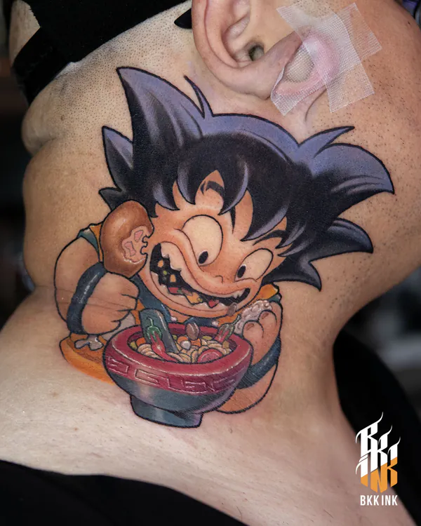 Goku eating ramen noodles neck new school tattoo Bangkok