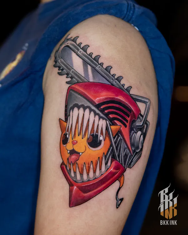 Chainsaw-jaw cat creature upper arm new school tattoo Bangkok