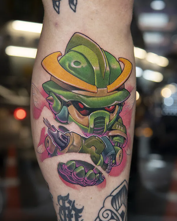 Green robot samurai warrior calf new school tattoo Bangkok