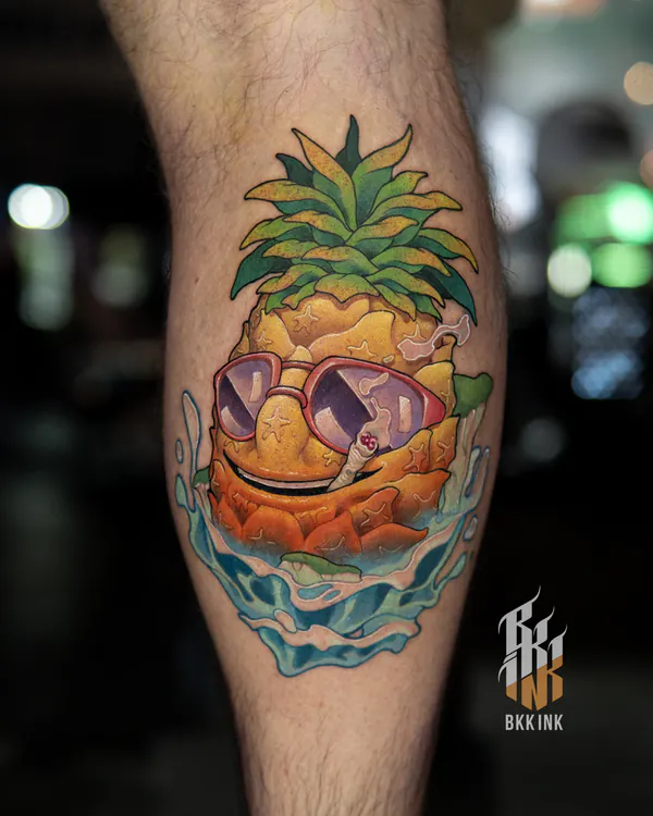 Pineapple character smoking joint calf new school tattoo Bangkok