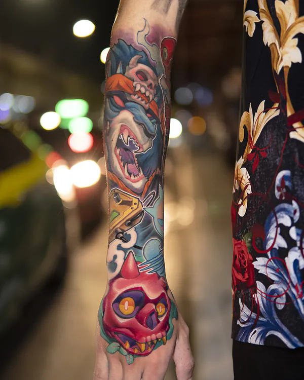 Wolf creature with skull mask forearm sleeve new school tattoo Bangkok