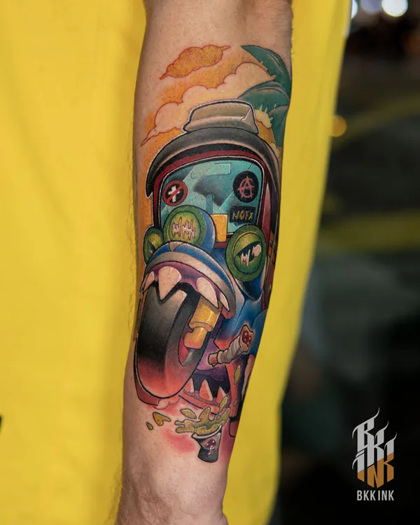 Anarchist boombox robot forearm new school tattoo Bangkok