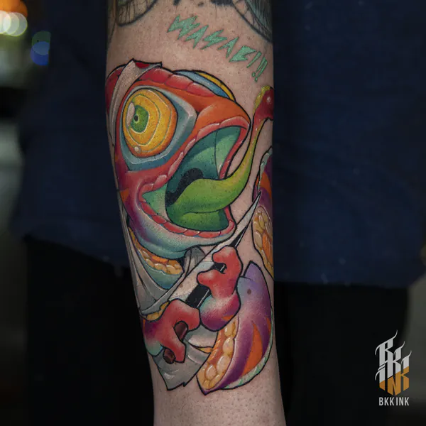 Wasabi fish sushi creature forearm new school tattoo Bangkok