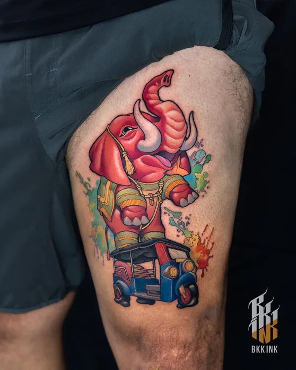 Elephant riding tuk-tuk thigh new school tattoo Bangkok