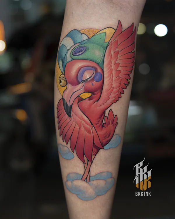 Flamingo wearing nightcap forearm new school tattoo Bangkok