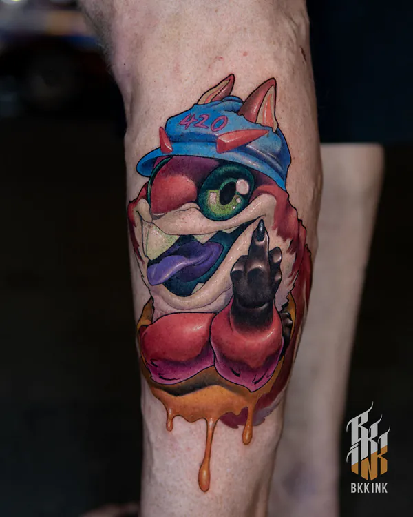 Rabbit-eared creature with 420 cap calf new school tattoo Bangkok