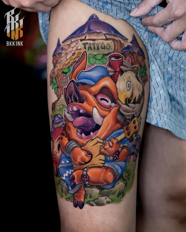 Boar character playing guitar thigh new school tattoo Bangkok
