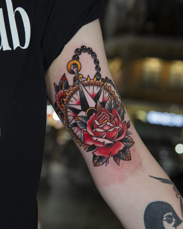 Compass and rose bicep old school tattoo Bangkok