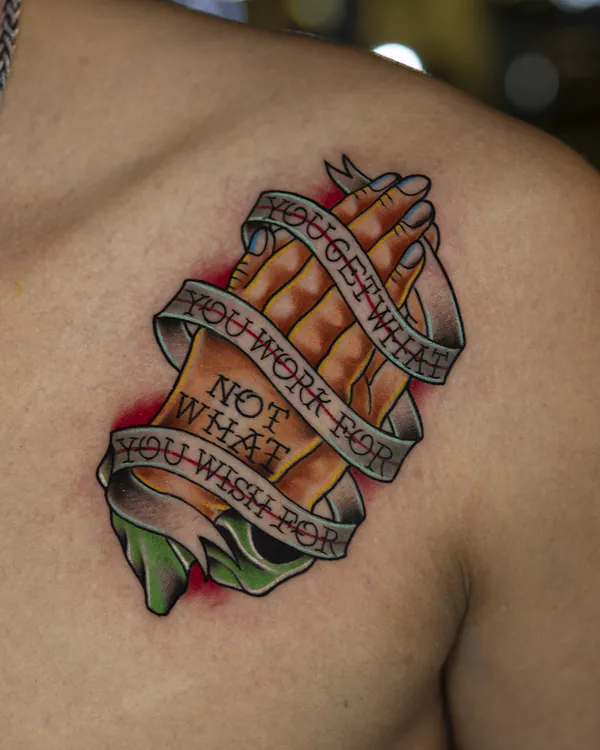 Praying hands with quote banner shoulder blade old school tattoo Bangkok