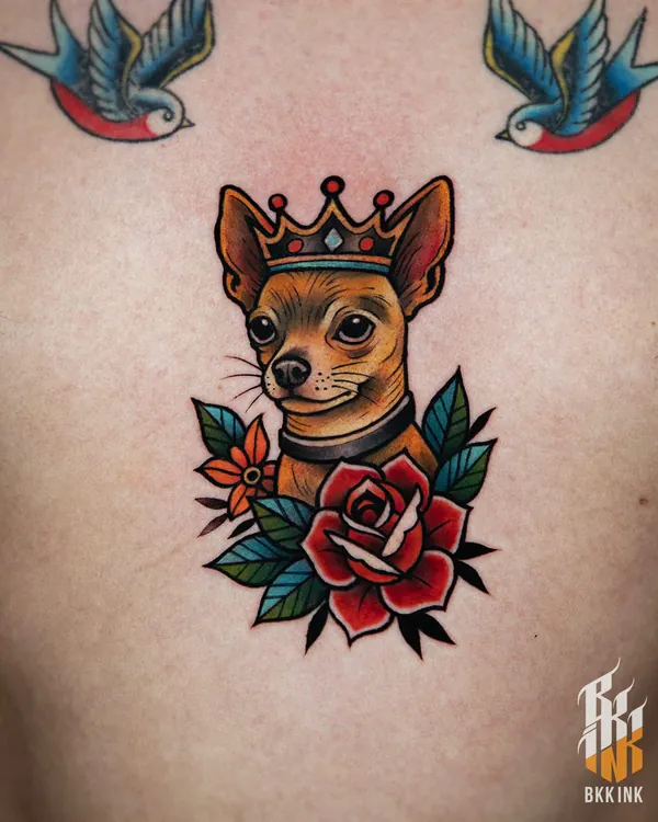 Chihuahua with crown and roses back old school tattoo Bangkok