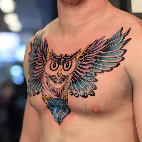 Owl with diamond chest old school tattoo Bangkok