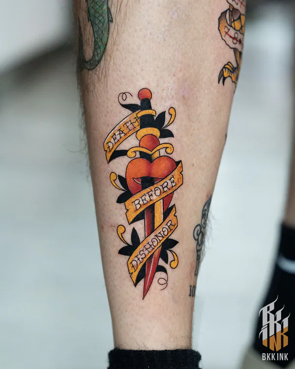 Dagger through heart banner calf old school tattoo Bangkok