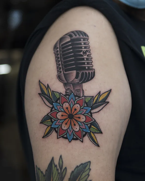 Vintage microphone with mandala flower shoulder old school tattoo Bangkok