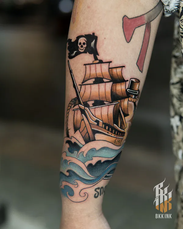 Pirate ship with skull flag forearm old school tattoo Bangkok