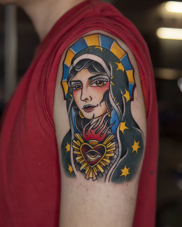 Virgin Mary with sacred heart upper arm old school tattoo Bangkok