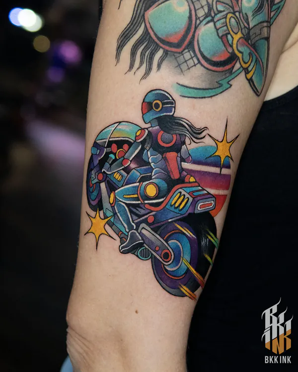 Robot motorcycle rider forearm old school tattoo Bangkok