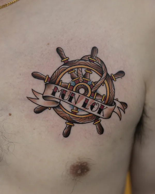 Ship wheel with name banner chest old school tattoo Bangkok