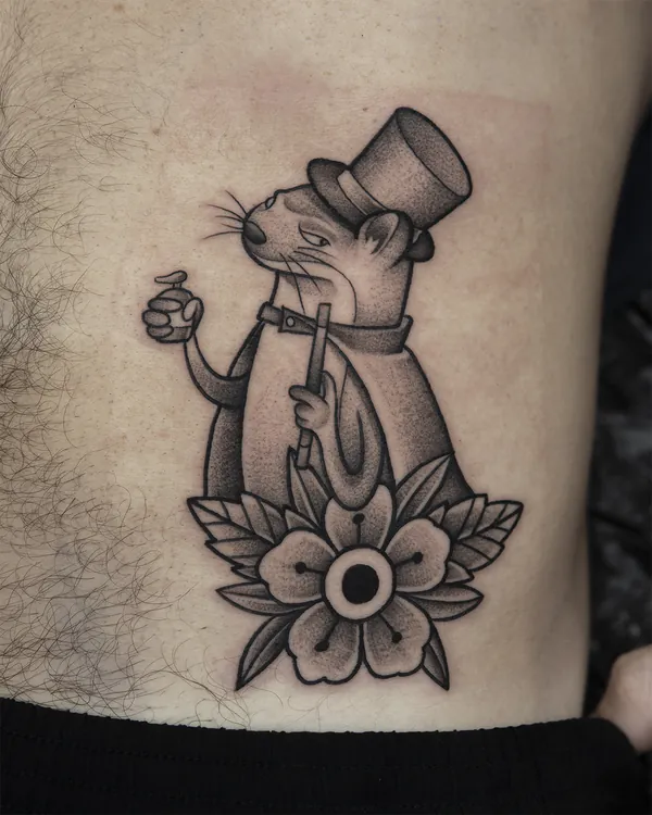 Otter in top hat with pipe ribs old school tattoo Bangkok