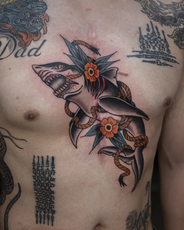 Shark with rope and flowers chest old school tattoo Bangkok