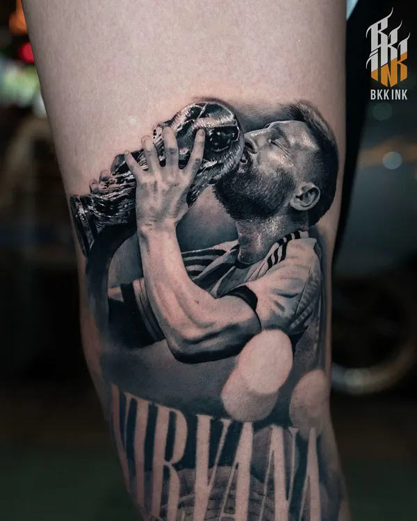 Man kissing trophy colour realistic calf portrait tattoo Bangkok