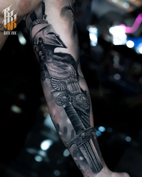 Spartan warrior with sword forearm realistic tattoo Bangkok