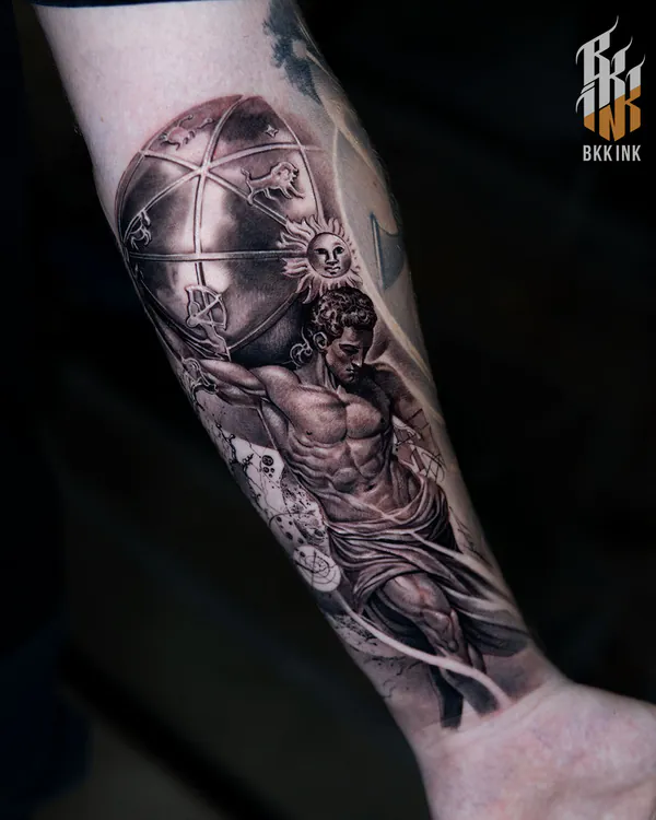 Atlas holding celestial globe forearm realistic tattoo Bangkok