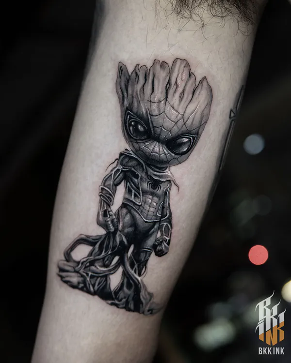 Groot as Spider-Man forearm realistic tattoo Bangkok