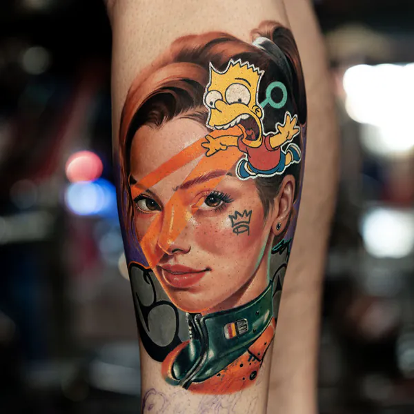 Colour woman portrait with Bart Simpson realistic tattoo Bangkok