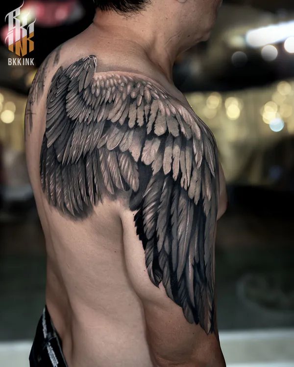 Angel wing shoulder blade realistic tattoo Bangkok