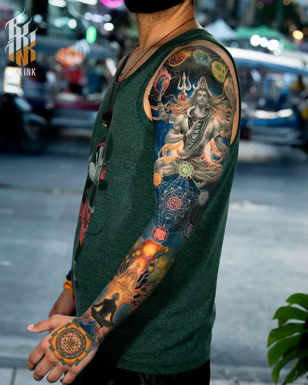Colour Shiva with sacred geometry sleeve realistic tattoo Bangkok