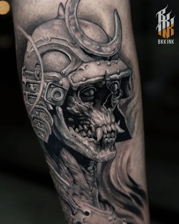 Skull with horned helmet forearm realistic tattoo Bangkok
