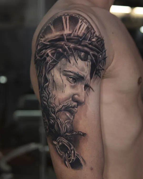 Jesus Christ crown of thorns upper arm realistic tattoo Bangkok