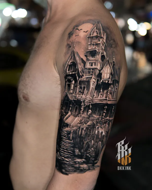 Haunted house upper arm realistic tattoo Bangkok