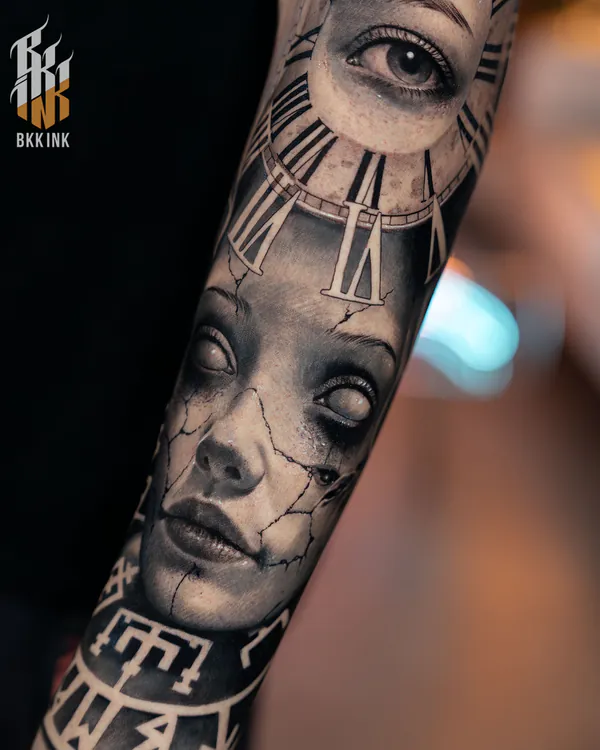 Cracked doll face with clock forearm realistic tattoo Bangkok