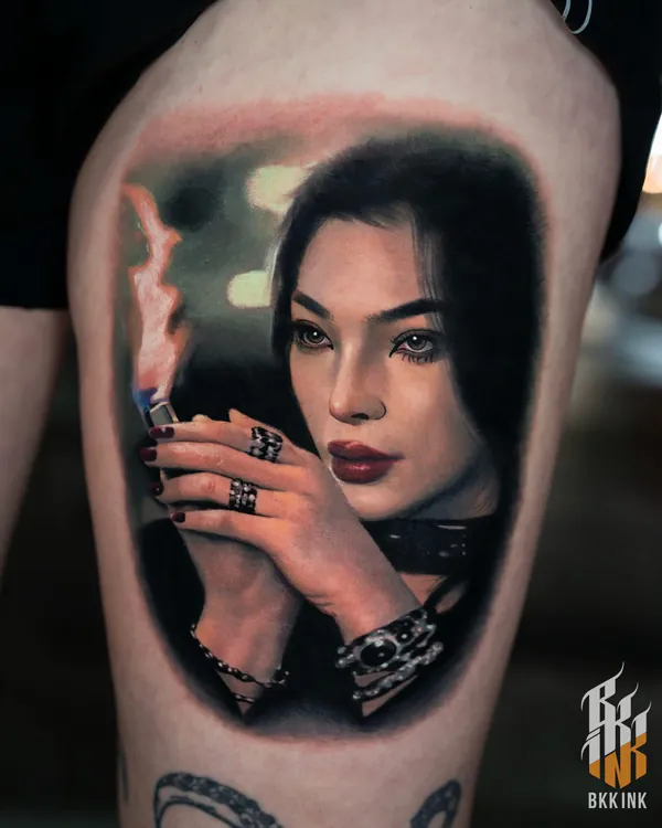 Colour woman smoking portrait thigh realistic tattoo Bangkok