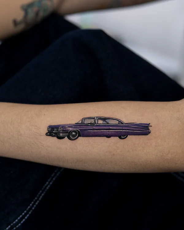 Colour vintage Cadillac forearm realistic tattoo Bangkok