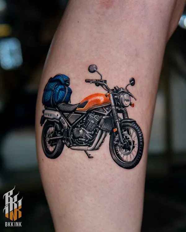Colour motorcycle with backpack calf realistic tattoo Bangkok