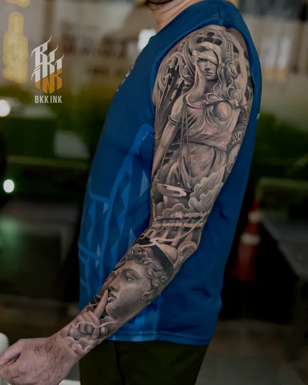 Lady Justice full sleeve realistic tattoo Bangkok