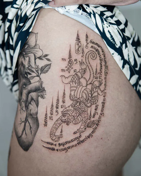 Mythical tiger creature hip Sak Yant tattoo Bangkok
